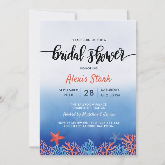 Invitation Aquarelle Bleu Corail Starfish Fête des mariées oc (Devant)