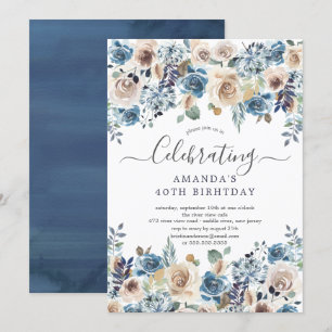 Invitation Aquarelle Bleu & Crème Fleur fête d'anniversaire