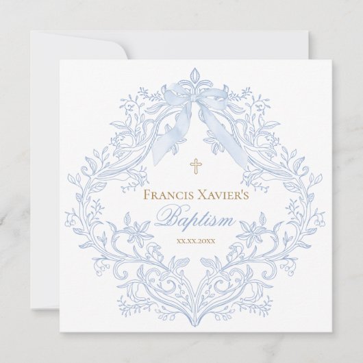 Invitation aquarelle bleu crête bébé garçon Baptême (Devant)