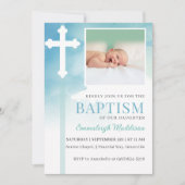 Invitation Aquarelle bleu Croix blanche Photo Baptême (Devant)