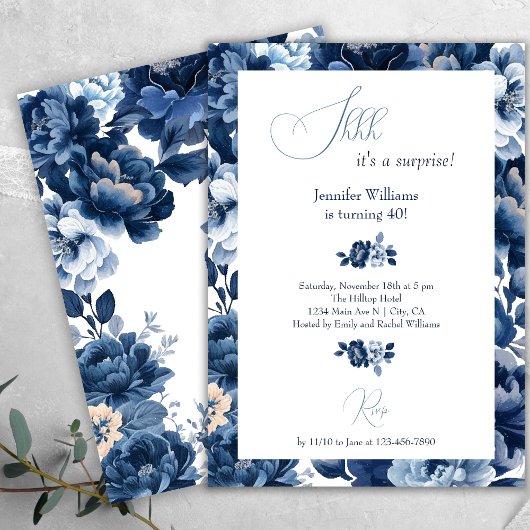 Invitation Aquarelle bleu de la marine florale Shh Surprise A