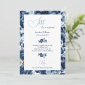 Invitation Aquarelle bleu de la marine florale Shh Surprise A (Debout devant)