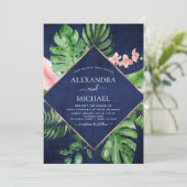 Invitation Aquarelle bleu de la marine tropicale Mariage géom (Debout devant)