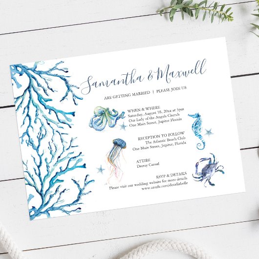 Invitation Aquarelle bleu de mariage sur la plage illustrée