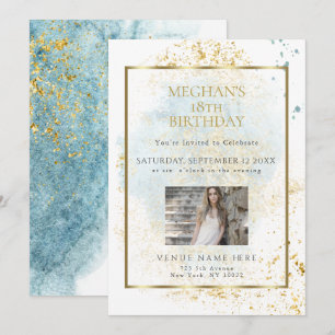Invitation Aquarelle bleu Denim Anniversaire Age Photo Cadre