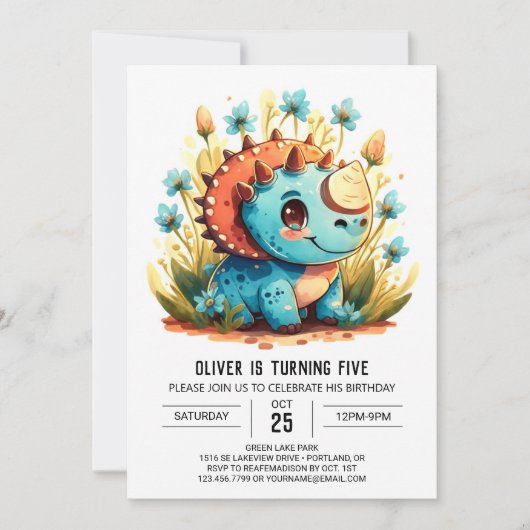 Invitation Aquarelle bleu Dinosaur Garçon Anniversaire (Devant)