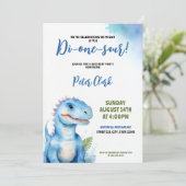 Invitation Aquarelle Bleu Dinosaure Bébé Garçon 1er anniversa (Debout devant)