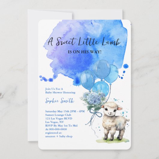Invitation Aquarelle bleu doux Baby shower d'agneau (Devant)