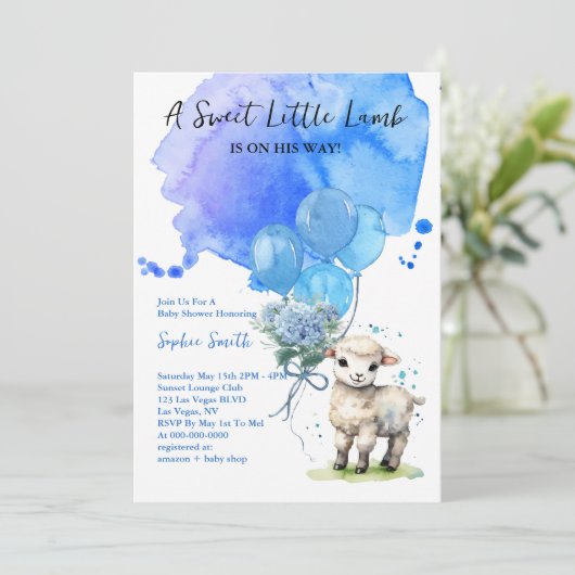 Invitation Aquarelle bleu doux Baby shower d'agneau (Debout devant)