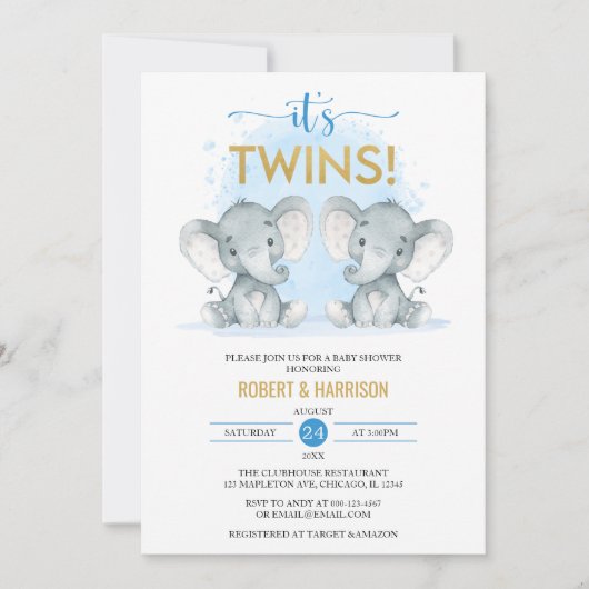 Invitation Aquarelle bleu doux Jumeaux Baby shower éléphant (Devant)