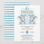 Invitation Aquarelle bleu doux Jumeaux Baby shower éléphant (Devant / Derrière)