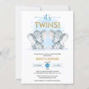 Invitation Aquarelle bleu doux Jumeaux Baby shower éléphant