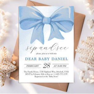 Invitation Aquarelle bleu Dusty Baby shower Bow Sip et voir