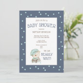 Invitation Aquarelle bleu Dusty Baby shower Ours de bois (Debout devant)