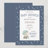 Invitation Aquarelle bleu Dusty Baby shower Ours de bois (Devant / Derrière)