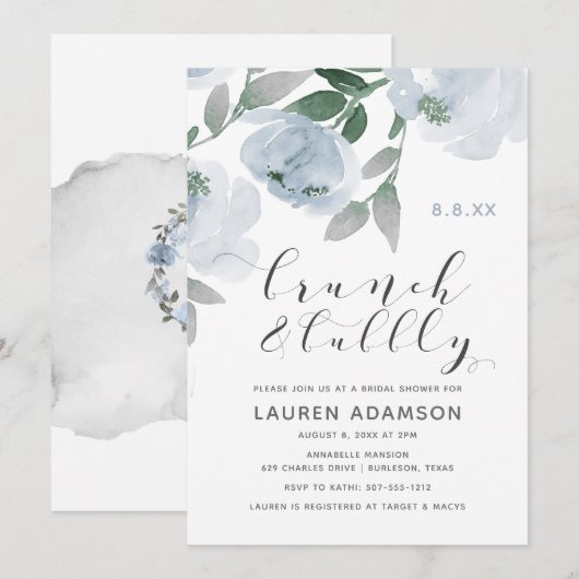 Invitation Aquarelle bleu Dusty Brunch nuptiale Bubbly Douche (Devant / Derrière)