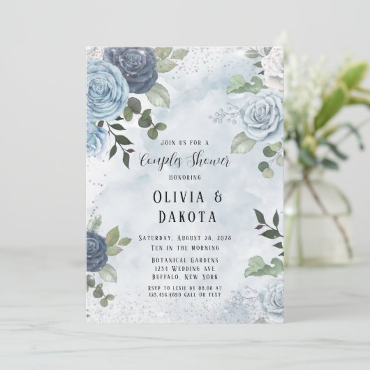 Invitation Aquarelle bleu Dusty Couples Floraux Rustiques Dou (Debout devant)