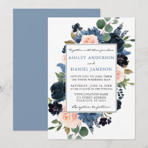 Invitation Aquarelle bleu Dusty et Mariage rose