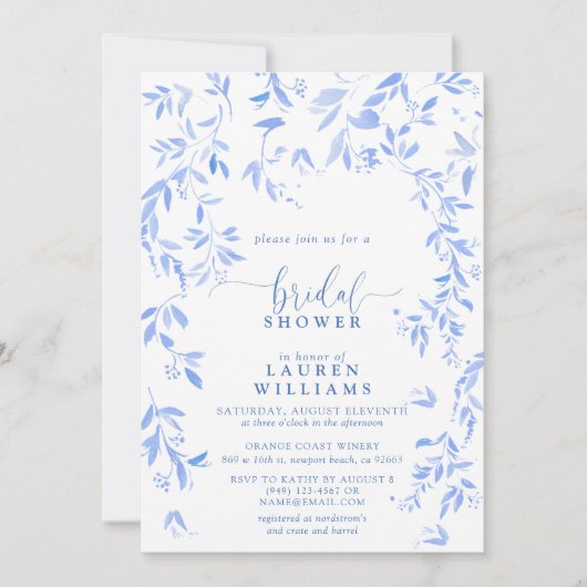 Invitation Aquarelle bleu Dusty Fête des mariées de script Fl (Devant)