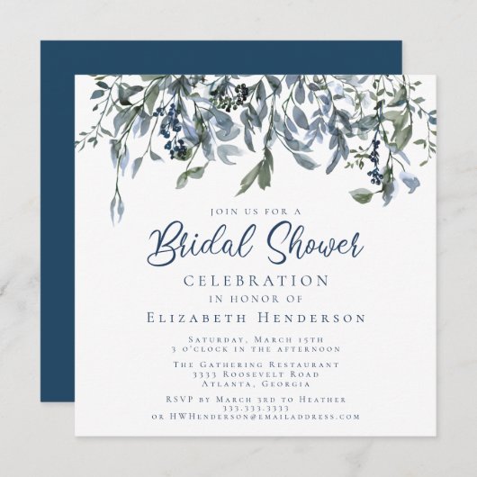 Invitation Aquarelle bleu Dusty Fête des mariées florale (Devant / Derrière)