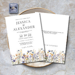 Invitation Aquarelle bleu Dusty Fleurs sauvages Mariage éléga