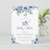 Invitation Aquarelle Bleu Dusty Floral 18e Anniversaire Chic (Debout devant)