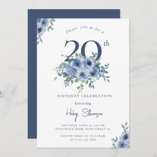 Invitation Aquarelle Bleu Dusty Floral 20e Anniversaire Chic 