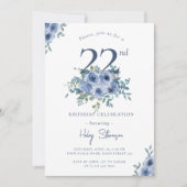 Invitation Aquarelle bleu Dusty Floral 22e Anniversaire Chic (Devant)