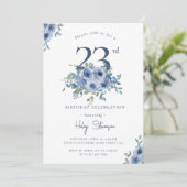 Invitation Aquarelle bleu Dusty Floral 23ème Anniversaire Chi (Debout devant)