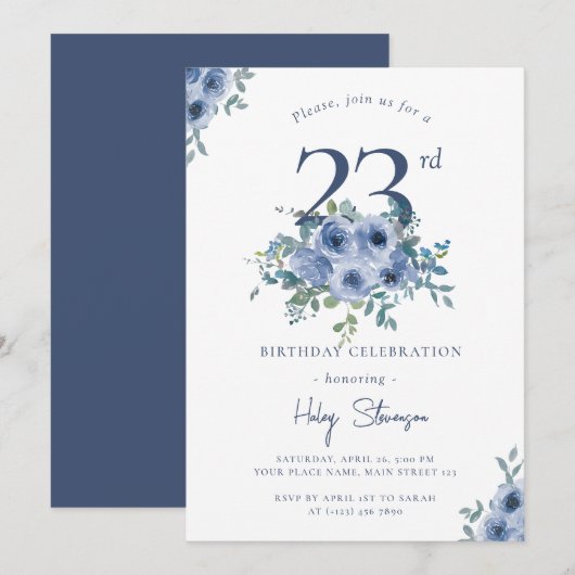 Invitation Aquarelle bleu Dusty Floral 23ème Anniversaire Chi (Devant / Derrière)