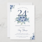 Invitation Aquarelle Bleu Dusty Floral 24e Anniversaire Chic (Devant)
