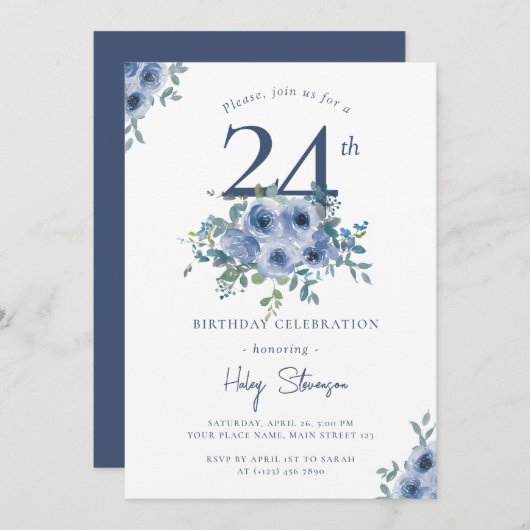 Invitation Aquarelle Bleu Dusty Floral 24e Anniversaire Chic (Devant / Derrière)