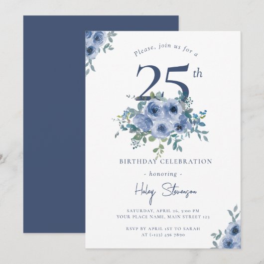 Invitation Aquarelle Bleu Dusty Floral 25e Anniversaire Chic (Devant / Derrière)