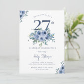 Invitation Aquarelle Bleu Dusty Floral 27e Anniversaire Chic (Debout devant)