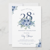Invitation Aquarelle Bleu Dusty Floral 28e Anniversaire Chic (Devant)