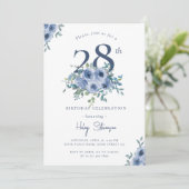 Invitation Aquarelle Bleu Dusty Floral 28e Anniversaire Chic (Debout devant)