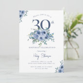 Invitation Aquarelle Bleu Dusty Floral 30e Anniversaire Chic (Debout devant)