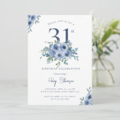 Invitation Aquarelle Bleu Dusty Floral 31e Anniversaire Chic (Debout devant)