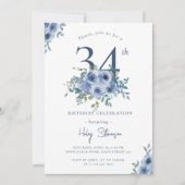 Invitation Aquarelle Bleu Dusty Floral 34e Anniversaire Chic (Devant)
