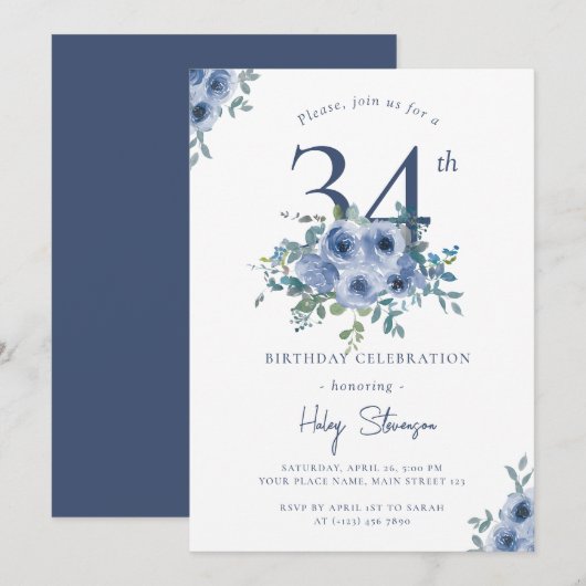 Invitation Aquarelle Bleu Dusty Floral 34e Anniversaire Chic (Devant / Derrière)