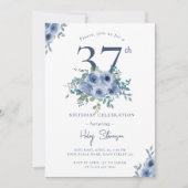 Invitation Aquarelle Bleu Dusty Floral 37e Anniversaire Chic (Devant)
