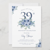 Invitation Aquarelle Bleu Dusty Floral 39e Anniversaire Chic (Devant)
