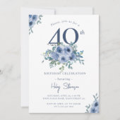 Invitation Aquarelle Bleu Dusty Floral 40e Anniversaire Chic (Devant)