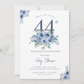 Invitation Aquarelle Bleu Dusty Floral 44e Anniversaire Chic (Devant)