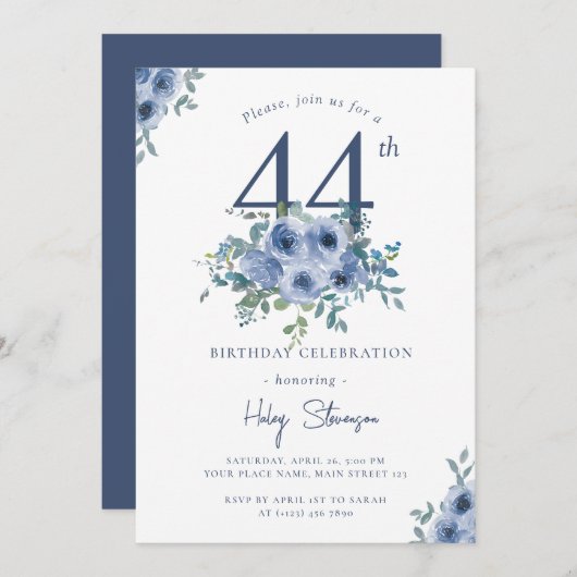 Invitation Aquarelle Bleu Dusty Floral 44e Anniversaire Chic (Devant / Derrière)