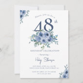 Invitation Aquarelle Bleu Dusty Floral 48e Anniversaire Chic (Devant)