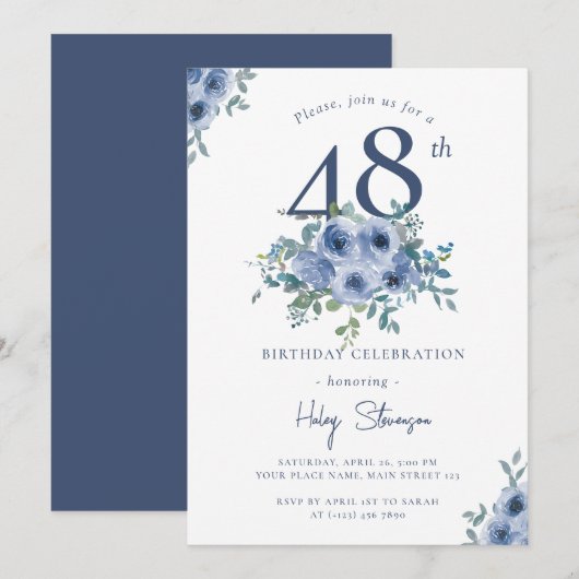 Invitation Aquarelle Bleu Dusty Floral 48e Anniversaire Chic (Devant / Derrière)
