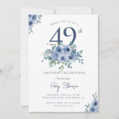 Invitation Aquarelle Bleu Dusty Floral 49e Anniversaire Chic (Devant)