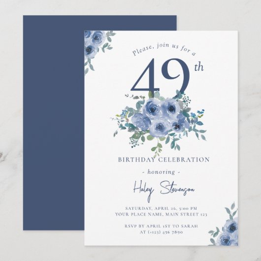 Invitation Aquarelle Bleu Dusty Floral 49e Anniversaire Chic (Devant / Derrière)