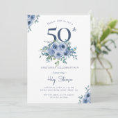 Invitation Aquarelle Bleu Dusty Floral 50e Anniversaire Chic (Debout devant)